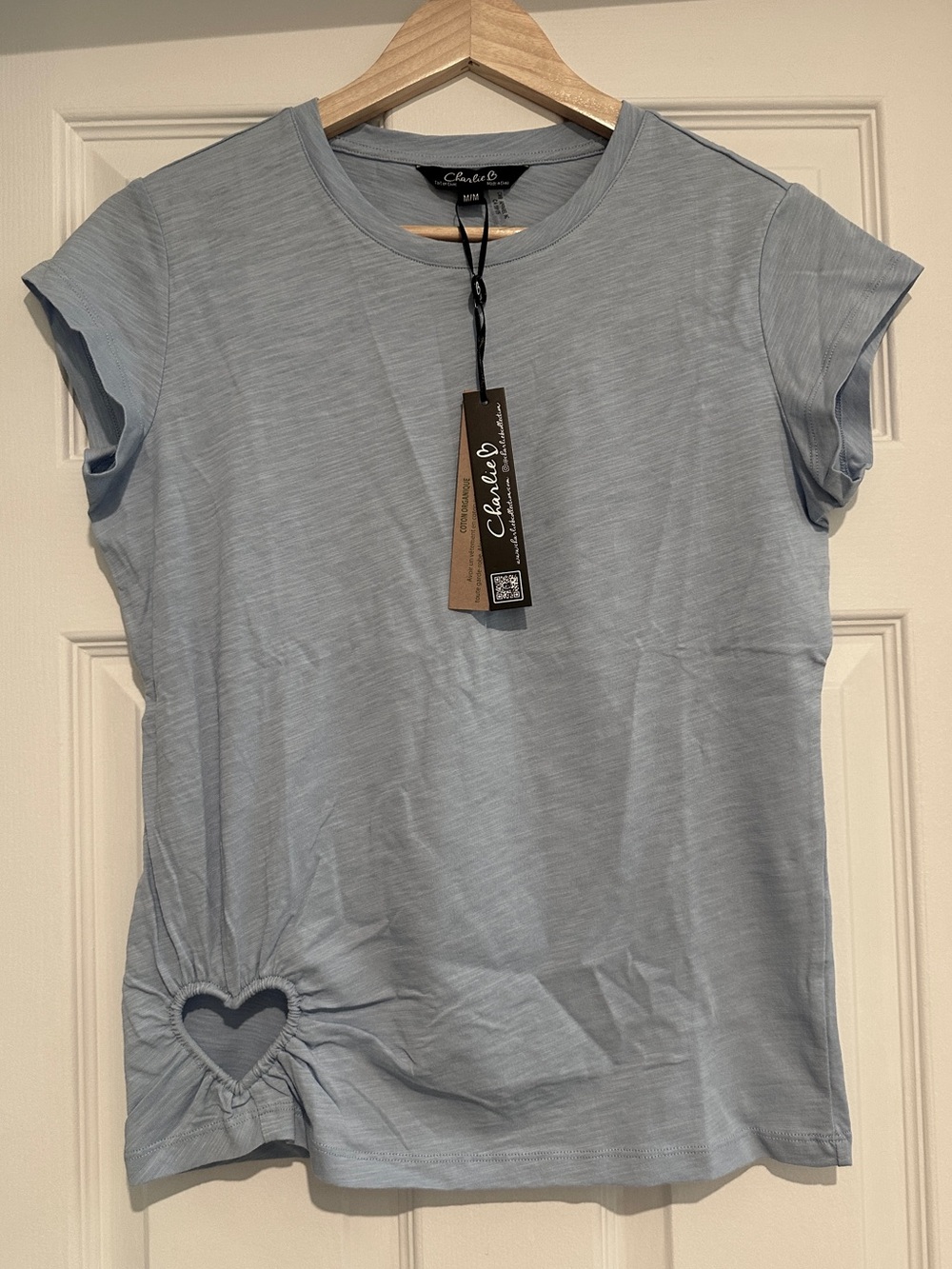 CHARLIE B Light Blue Short Sleeve Top with Heart Cutout